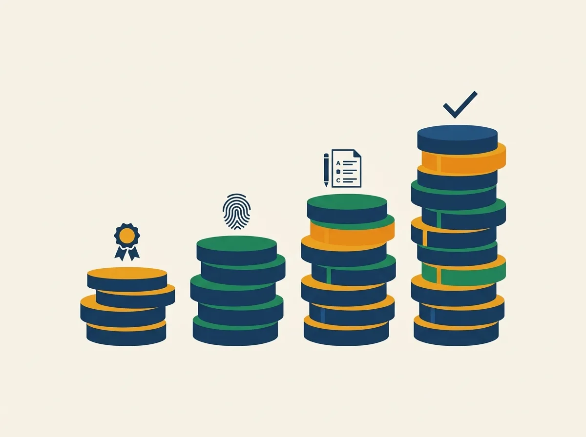 Four stacks of coins of increasing height, topped with a license badge, a fingerprint, an exam-paper icon, and a checkmark, illustrating that the license, bond, Live Scan, and exam fees are separate costs that add up to one out-of-pocket total.