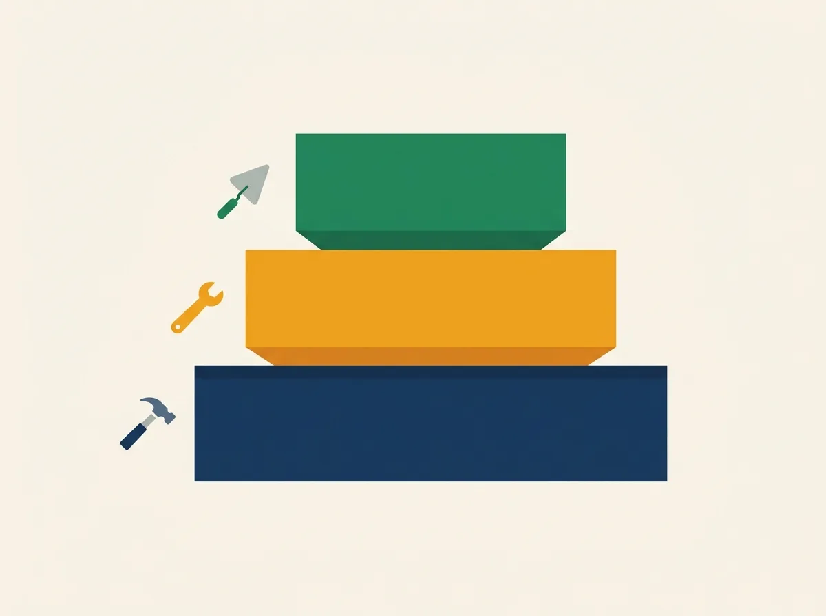 Three stacked tiers of different widths with a trowel, a wrench, and a hammer floating beside them, illustrating how CSLB classifications group into broad, general, and single-trade specialty tiers.