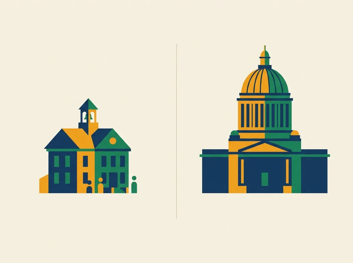 A small city hall building beside a larger state capitol building with a dome, illustrating that contractor licensing authority can sit at the local level, the state level, or not exist as a general contractor track at all.