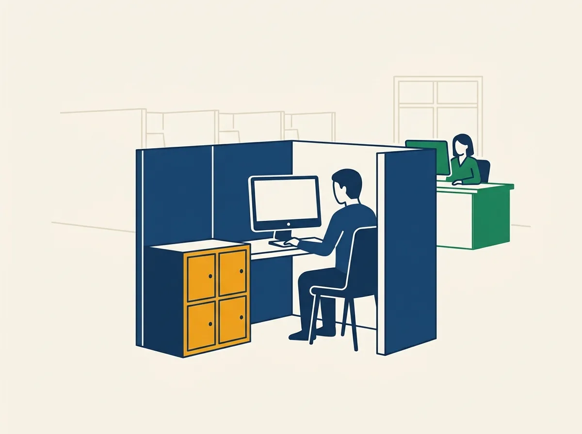 A quiet, partitioned computer testing carrel with a personal-belongings locker beside it, and a proctor's desk overseeing the room, illustrating the closed-book, monitored setup of a PSI test center.